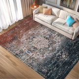 Garvee Washable Area Rug 4x6, Vintage Distressed Ombre Rug for Bedroom Living Room, Low Pile Non-Slip Soft Throw Rug for Dining Room Office Playroom, Rust/Navy Multi - Blue & Orange