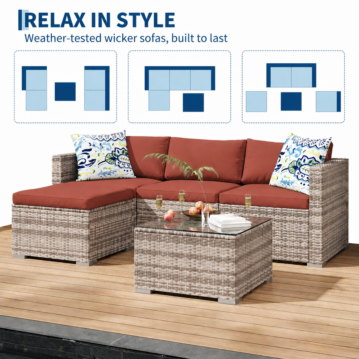 Garvee 5-Piece All-Weather PE Wicker Modular Patio Sectional Sofa Set with Ottoman, Glass Table & Red Cushions