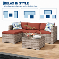 Garvee 5-Piece All-Weather PE Wicker Modular Patio Sectional Sofa Set with Ottoman, Glass Table & Red Cushions