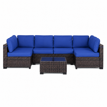 Garvee 7-Piece Outdoor Patio Sectional Sofa, All-Weather PE Wicker Conversation Set with Cushions & Glass Coffee Table for Patio, Porch, Garden, Poolside, Brown + Navy Blue