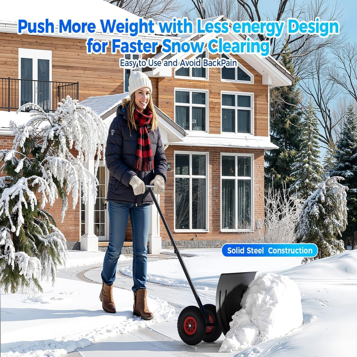 Garvee 29"W X 20"H Snow Shovel with Wheels for Driveway, 20" Wide Adjustable Snow Pusher with 5-Position Angle & Height Handle, Ergonomic Back-Saving Snow Removal Tool for Sidewalks, Yards & Patios - Black