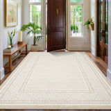 Garvee Modern Neutral Bordered Area Rug Beige 8x10 Soft Washable Non-Slip Polyester Low-Pile Geometric Living Room Bedroom - Beige
