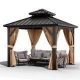 Garvee 10' × 10' Hardtop Gazebo, Double Metal Roof Patio Gazebo with Aluminum Frame, Curtains & Netting, Brown - Brown