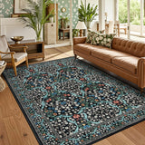 Garvee Vintage Floral Area Rug 5x7 Stain Resistant Non-Slip Soft Touch Low Pile Machine Washable Living Room Bedroom Dining - Black
