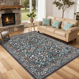 Garvee Floral 5x7 Vintage Boho Area Rug - Washable, Non-Slip, Soft Faux Wool - Stain-Resistant, Kid & Pet-Friendly - Black - Living Room, Bedroom - Black