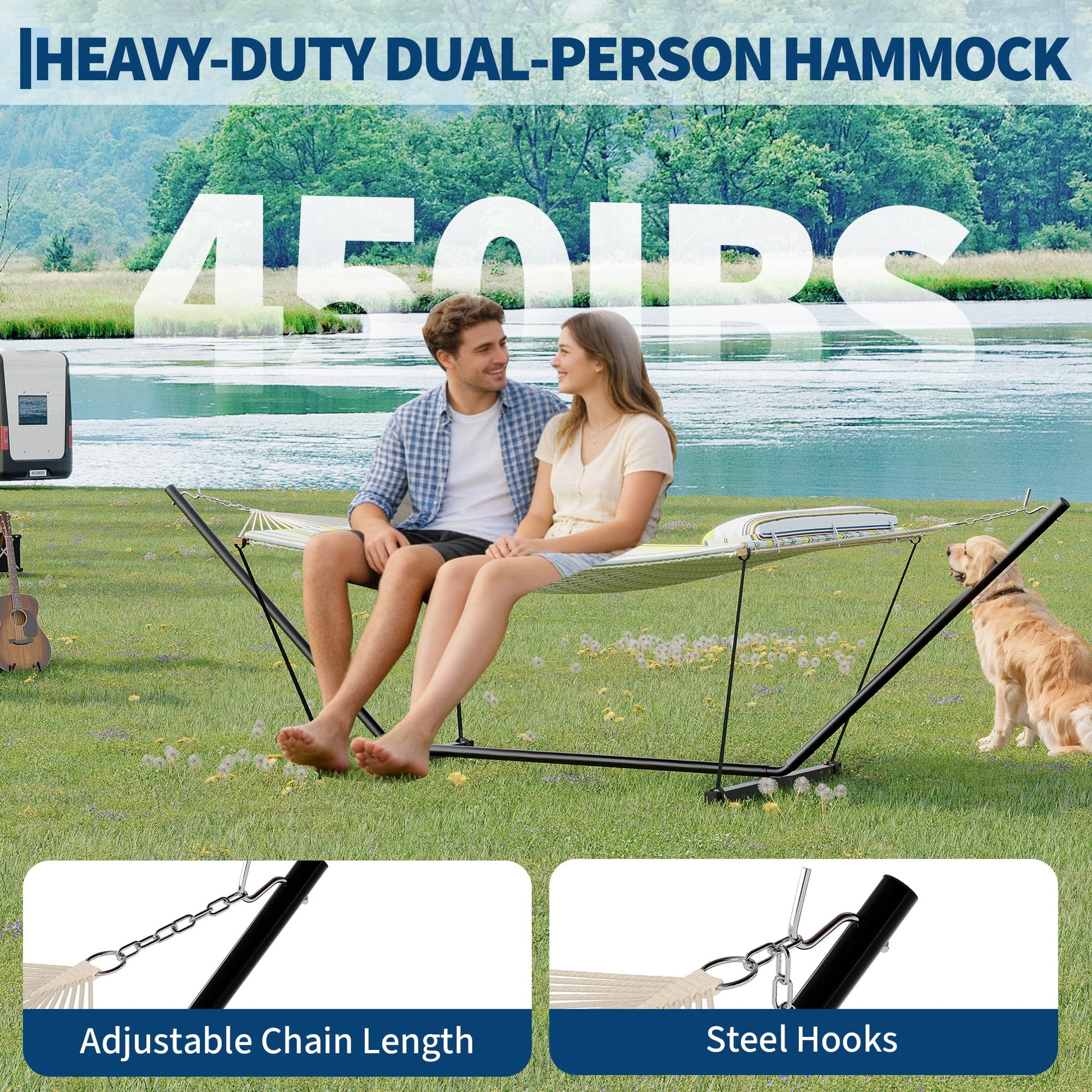 Garvee 2-Person Double Hammock with Stand, 450 LBS Capacity, Portable Steel Frame, Quilted Pad, Pillow & Carry Bag for Patio, Backyard, Camping & Beach