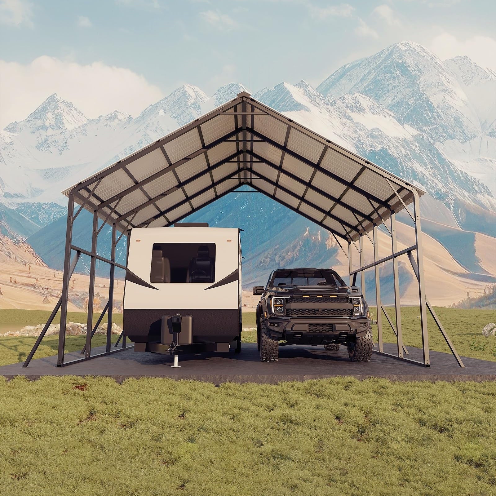 Garvee 20' × 20' Metal Carport Kit, Heavy Duty 2-Car Steel Shelter with 120° Vertical Roof for RV, Truck & Tractor