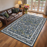 Garvee Vintage Floral Area Rug 10x13 - Machine Washable, Non-Slip, Soft Low Pile, Stain Resistant - Durable Edges, Blue - Living Room, Bedroom - Blue