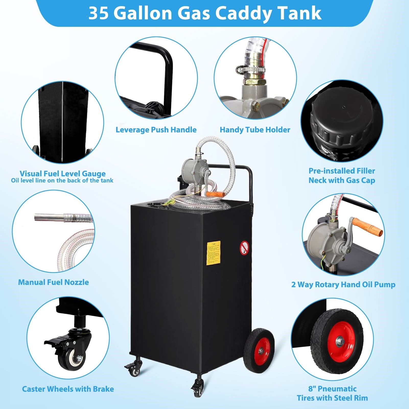 Garvee 35-Gallon Fuel Caddy - Manual Transfer Pump with 8ft hose Fueling Nozzle and 360° Swivel Connector, 4-Wheel Design for Gasoline and Diesel, Ideal for Cars, Lawn Mowers, and Boats, Black