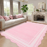 Garvee Washable Rugs 10x13 Area Rugs for Living Room Bedroom, Low Pile Ultra Soft Solid Neutral Carpet, Non Slip & Non Shedding Modern Scalloped Print Floor Mats for Home Decor, Pink - Pink