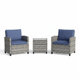 Garvee 3-Piece PE Rattan Patio Conversation Set, Outdoor Wicker Chairs with Cushions & Tempered Glass Table, Gray & Blue - Gray & Blue