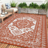 Garvee Outdoor Brick Red 10x20 Rug Waterproof Reversible Vintage Medallion Design Plastic Straw Mat with UV Protection & Quick Dry, Corner Loops & Stakes, for Patio & Camping - Brick Red
