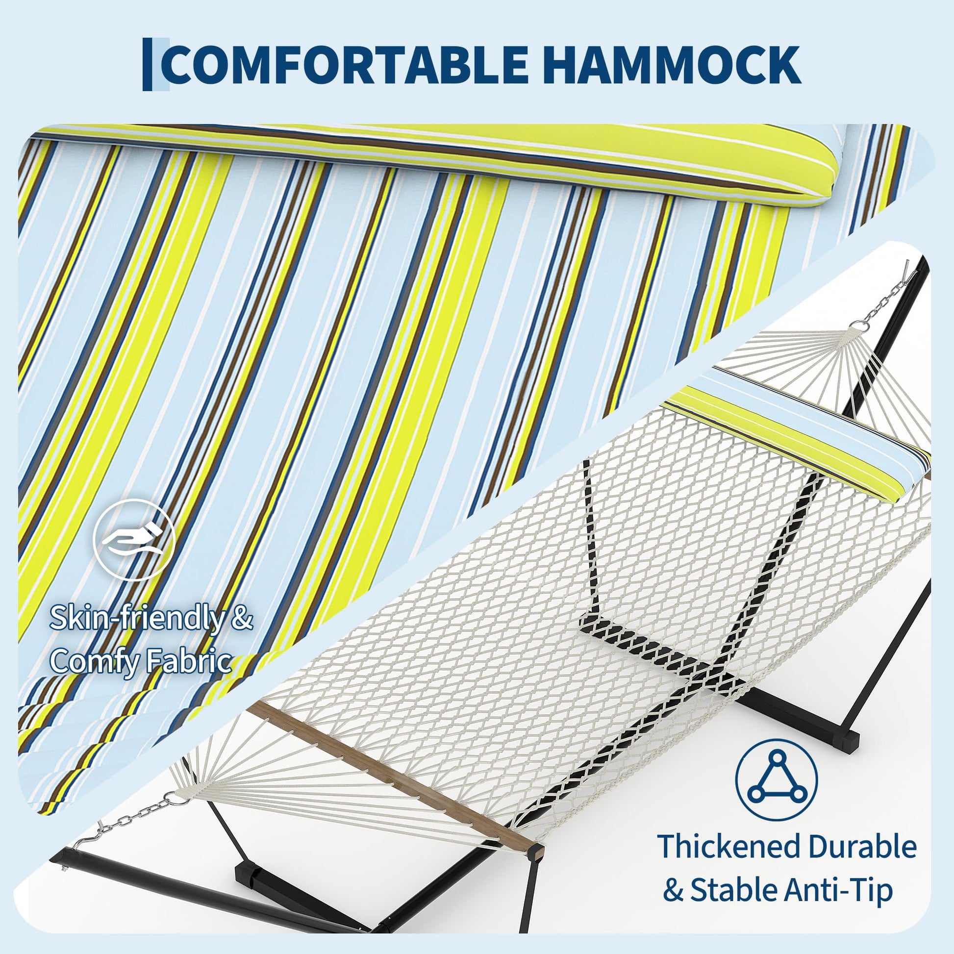 Garvee 2-Person Double Hammock with Stand, 450 LBS Capacity, Portable Steel Frame, Quilted Pad, Pillow & Carry Bag for Patio, Backyard, Camping & Beach