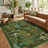 Garvee 8x10 Floral Animal Jungle Rug - Stain Resistant, Washable - Low Pile Soft Touch - Non Slip, Durable - Dark Green - Living Room, Bedroom, Dining - Dark Green