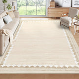 Garvee Washable Area Rug Solid 10x13 Low-Pile Non-Slip Stain-Resistant Polyester Scalloped Border Modern Design Living Room Bedroom - Beige