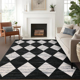 Garvee Plaid Black 9x12 Washable Checkered Area Rug - Non-Slip, Soft Low Pile - Durable Trellis Design, Machine Washable - Living Room, Bedroom, Office - Black