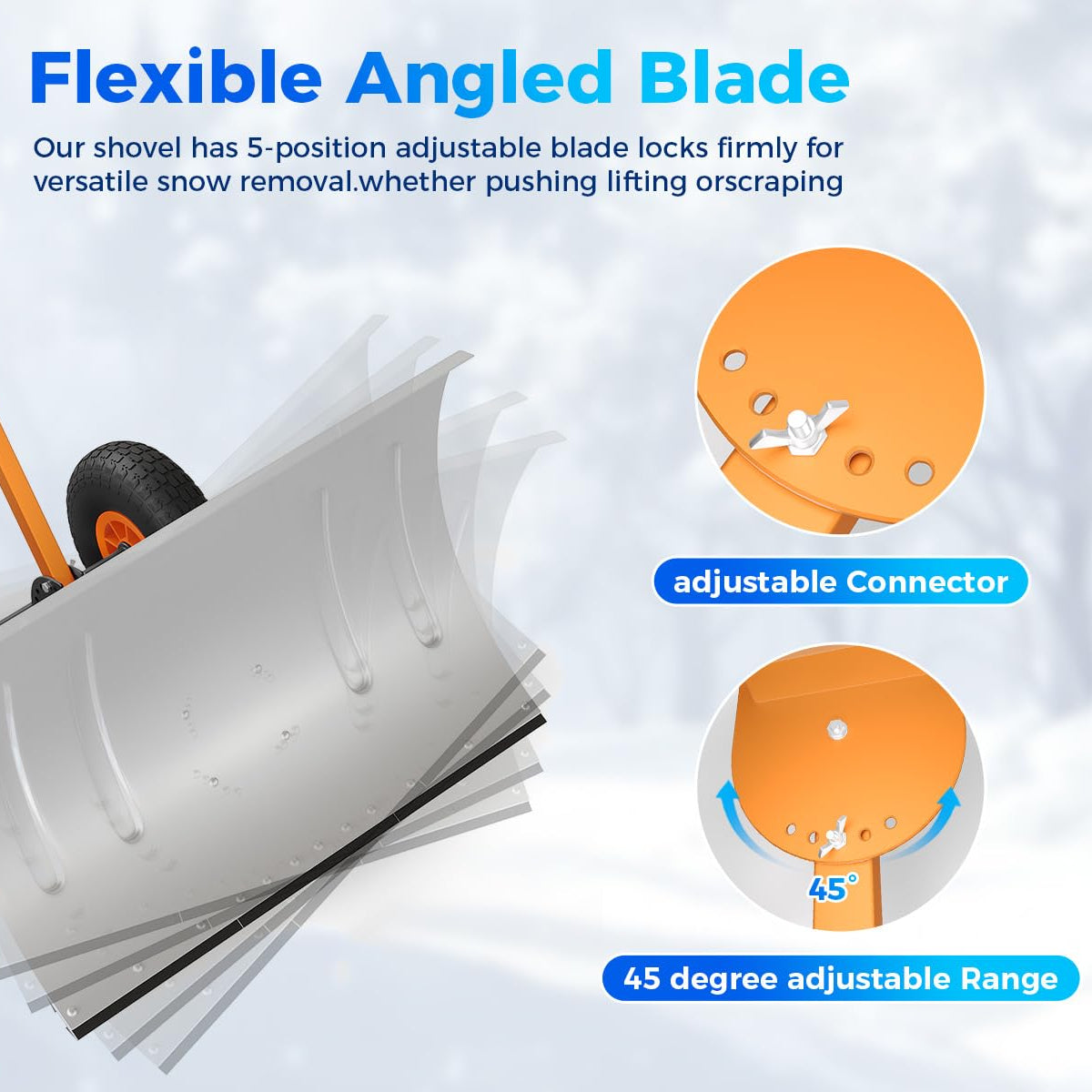 Garvee 29"W X 16.5"H Heavy Duty Metal Snow Shovel with Wheels – Wide Angled Blade – 5-Level Adjustable Ergonomic Handle – Back-Saving Snow Pusher for Driveways, Sidewalks, Yards – Silver with Orange-Yellow Handle and Wheels