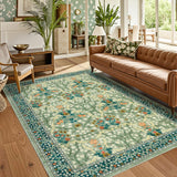 Garvee Vintage Floral Area Rug 9x12 Stain Resistant Non-Slip Backing Soft Touch Low Pile Machine Washable Indoor Living Room Bedroom - Green