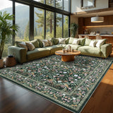 Garvee 8x10 Floral Area Rug for Living Room, Washable Non-Slip Soft Low-Pile Carpet, Durable Stain-Resistant, Pet-Friendly, Dark Green, Indoor Bedroom Dining - Dark Green