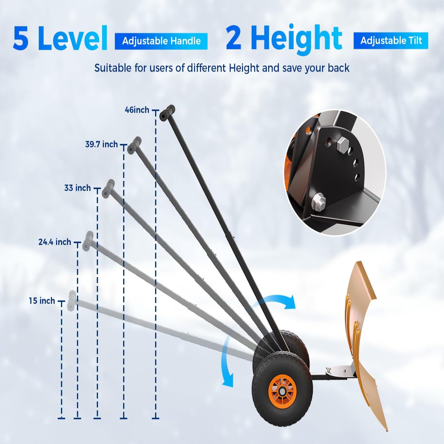 Garvee 29"W X 20"H Snow Shovel with Wheels Heavy Duty Steel 5-Position Adjustable Handle Anti-Skid Tires Quick Assembly for Driveway and Sidewalk
