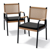 Garvee 4-Piece Stackable Rattan Patio Dining Chairs, All-Weather Outdoor Armchairs with Cushions, Black & Brown - Black Powder + Brown Rattan