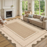 Garvee Washable Area Rug 10x13 Modern Neutral Border Pattern, Low Pile Soft Polyester, Non-Slip Stain-Resistant, Machine Washable, Foldable, Living Room Bedroom - Tan