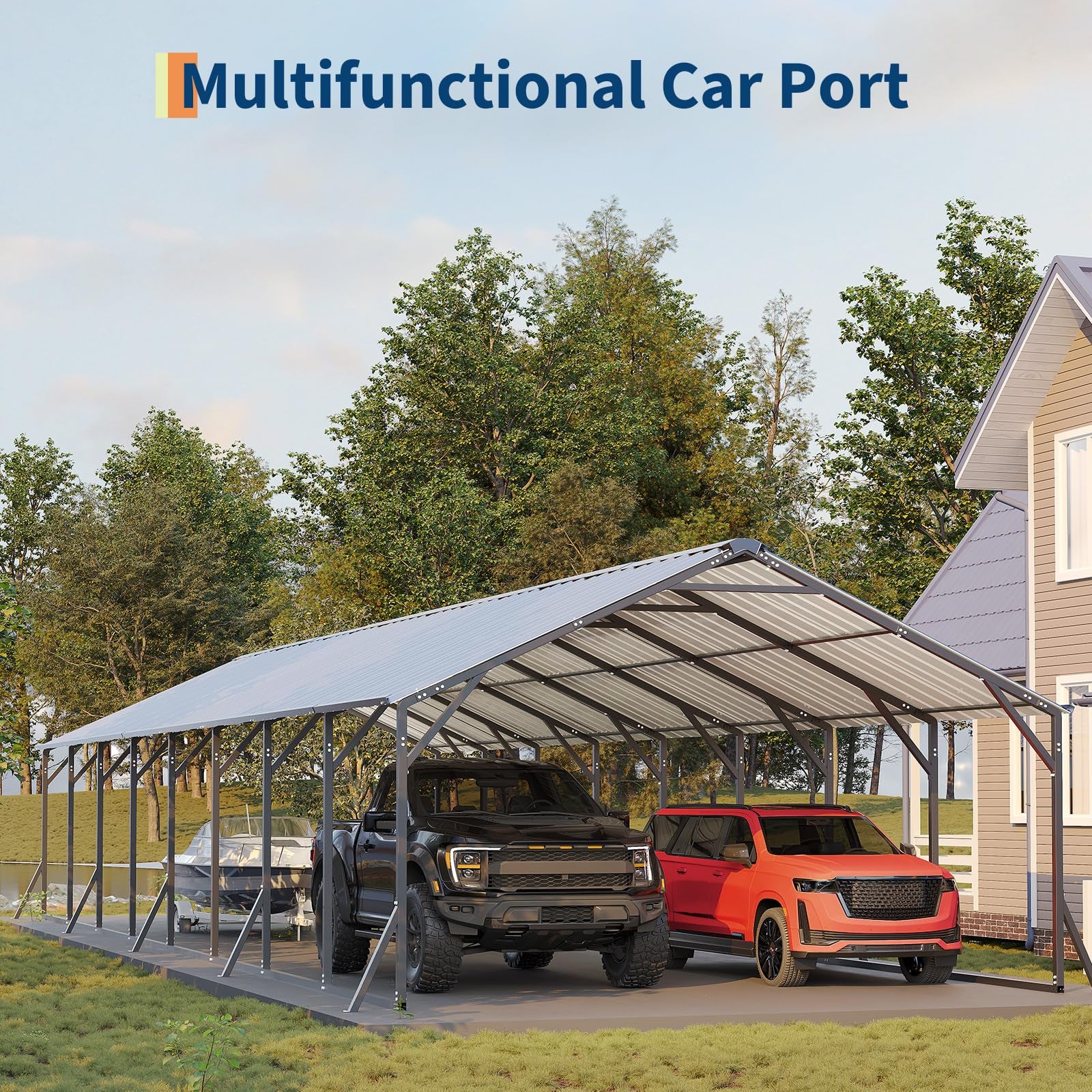 Garvee 20' x 40' x 12' Heavy Duty Metal Carport, Galvanized Steel Vertical Roof Shelter for Trucks, RVs, Boats & Tractors, Gray