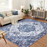 Garvee Door Mat 2x3 Washable Area Rugs for Bedroom, Non Slip Low Pile Vintage Medallion Soft Carpet, Stain Resistant Distressed Retro Floral Rugs for Entryway, Kitchen, Bathroom, Blue - Blue