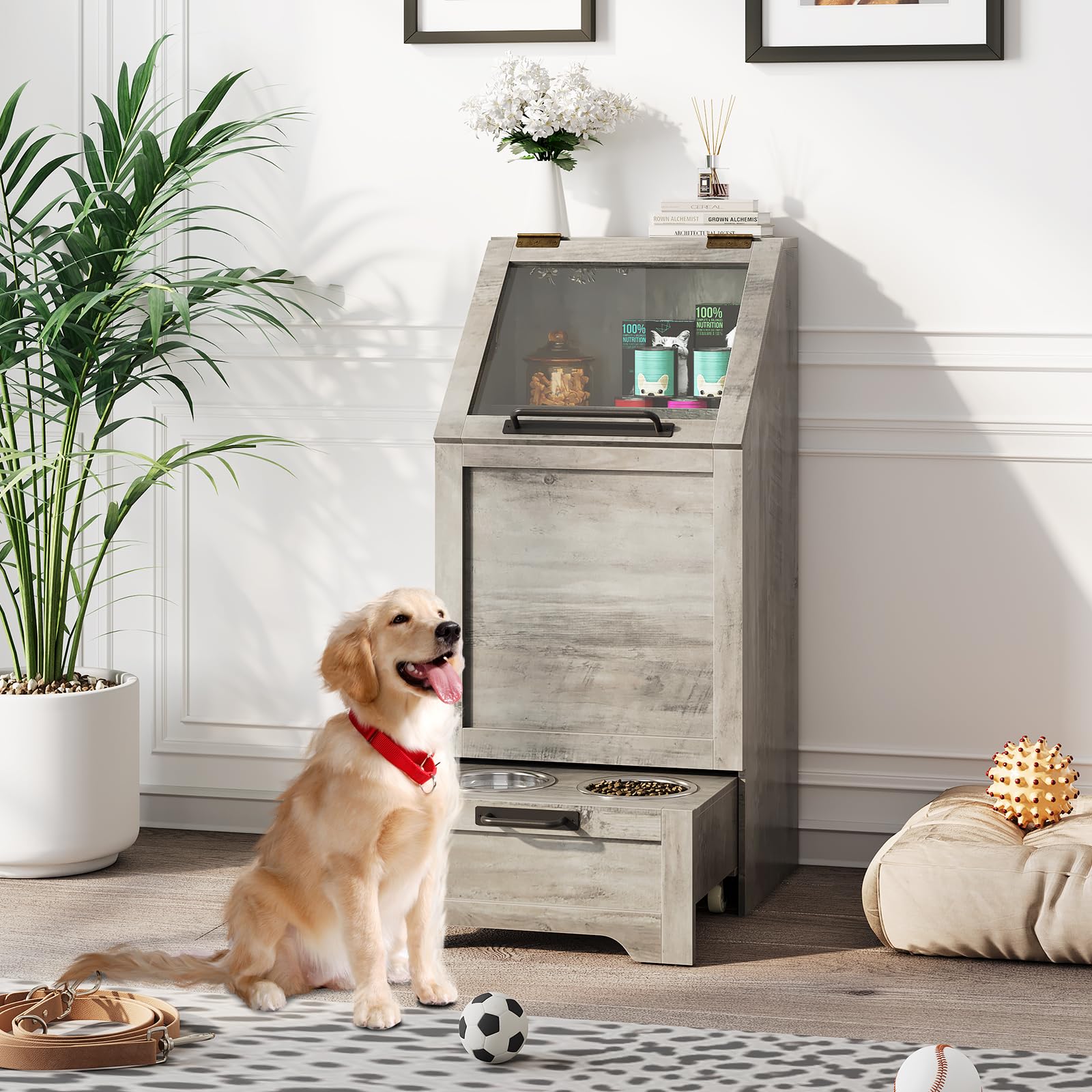 Garvee Pet Food Cabinet,Dog Feeding Station with 2 Elevated Dog Bowls, Dog Food Storage Cabinet,Dog Food Storage Container,Pet Toy Storage Organizer,Modern Dog Storage Cabinet,Grey