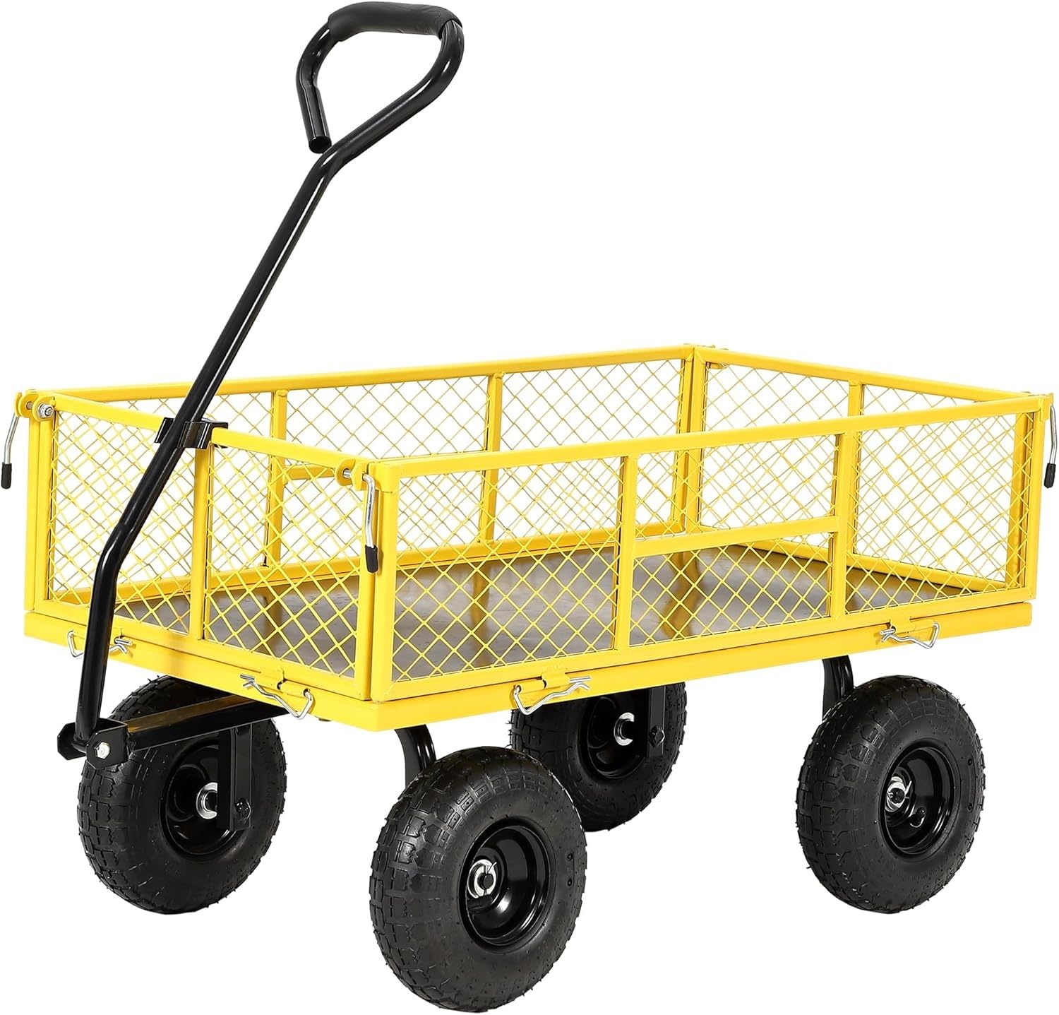 Garvee 900 lbs Heavy Duty Steel Garden Wagon Cart – 2-in-1 Utility Yard Cart, Removable Mesh Sides, 10" All-Terrain Tires, 180° Rotating Handle – Ideal for Lawn and Gardening Tasks – Black Wheels, Yellow Frame, Black Handle