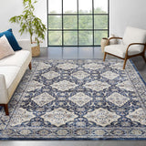 Garvee Persian Navy Blue 9x12 Washable Low Pile Area Rug with Non-Slip TPR Backing, Durable No-Shedding Carpet, Foldable Soft Plush for Bedroom Living Room Home Office - Navy Blue