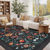 Garvee Indoor Area Rug Vintage Printed Soft Polyester Low Pile Non-Shedding Non Slip Washable 9x12ft Living Room Bedroom - Black