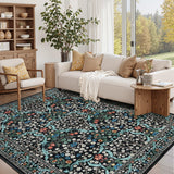 Garvee Area Rug 9x12 Black Floral Print Low Pile Washable Non Slip Faux Wool Durable for Living Room Bedroom Dining Room Home Office - Black