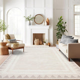 Garvee Washable Area Rug 9x12 Beige Rugs Unique Bordered Neutral Living Room Rug,Modern Geometric Rug for Farmhouse Non Slip Soft Non Shedding Low Pile Neutral Carpet for Open Spaces Office - Beige