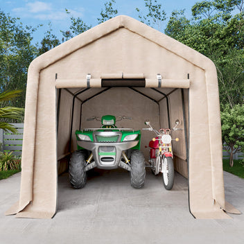 Garvee 7x15FT Khaki Outdoor Portable Storage Shed with Roll-Up Door & Vent, 240G Heavy-Duty Shelter Waterproof PE Tarp, UV-Resistant Storage Sheds for Motorcycle, Firewood, Garden and Tools