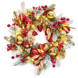 Garvee Christmas Wreath with Lights, 24 in Outdoor Christmas Wreaths for Front Door, Battery Operated Xmas Wreath with 20 LED Lights, Red Gold Ornaments, Snow Flocked Branch