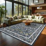 Garvee Floral 8x10 Area Rug Vintage Boho Washable Non-Slip Low Pile Faux Wool Stain-Resistant Kid & Pet Friendly Living Room Bedroom Dining - Blue
