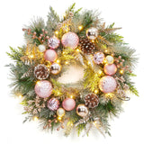 Garvee Pre-lit Pink Christmas Wreath for Front Door, 22" Large Lighted Christmas Wreath, Battery Operated Lighted Xmas Wreaths with Balls 30 Lights and Timer for Indoor Outdoor Holiday Decorations