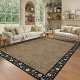 Garvee Bordered Brown 10x13 Machine Washable Floral Area Rug Low Pile Soft Faux Wool TPR Backing Non-Slip Lightweight Foldable for Living Room Bedroom - Brown|Black Bordered