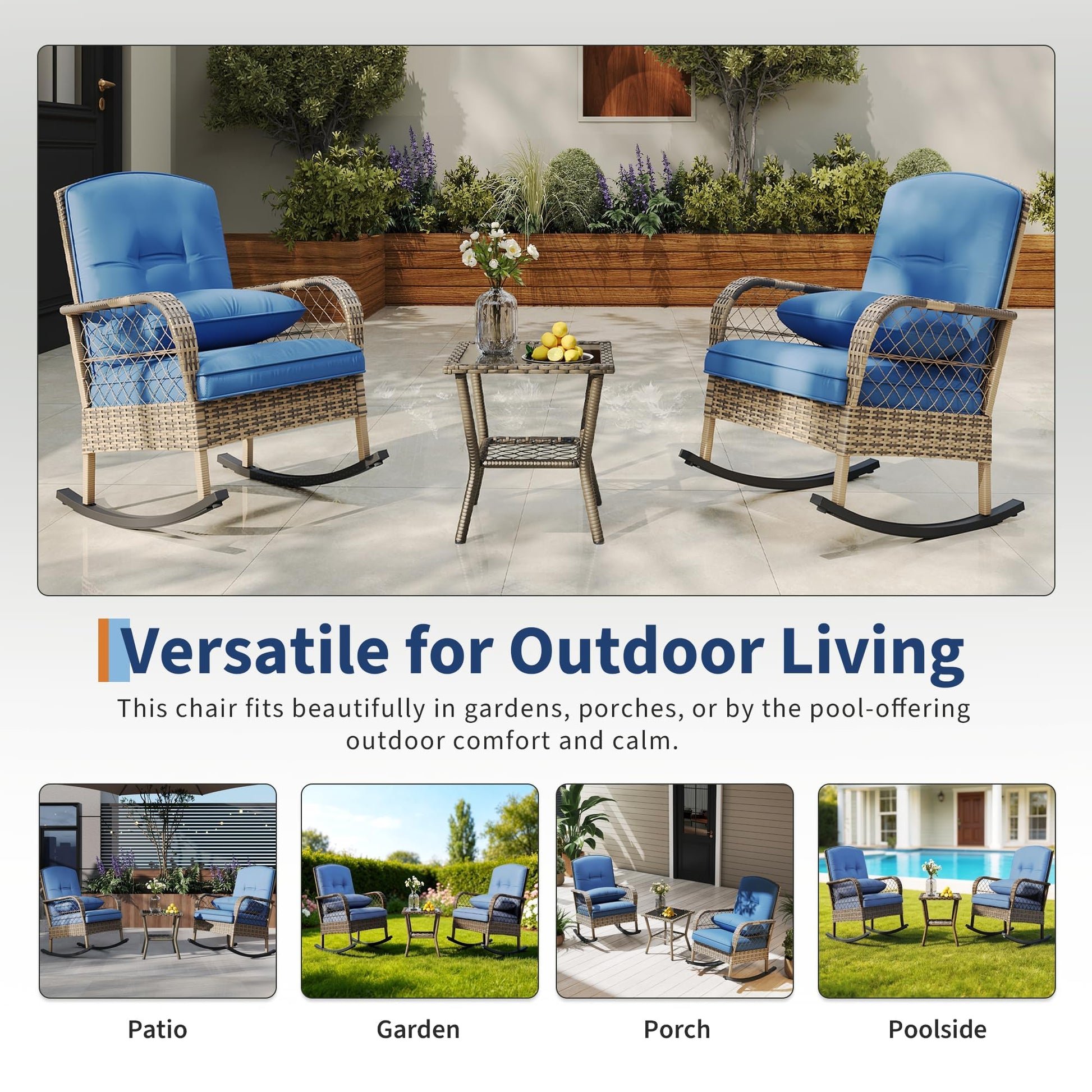 Garvee 2 pieces Outdoor Wicker Rocking Chair, PE Rattan Patio Rocker with Thick Cushions, Steel Frame, All-Weather Rocking Chair for Porch, Garden & Backyard, Blue