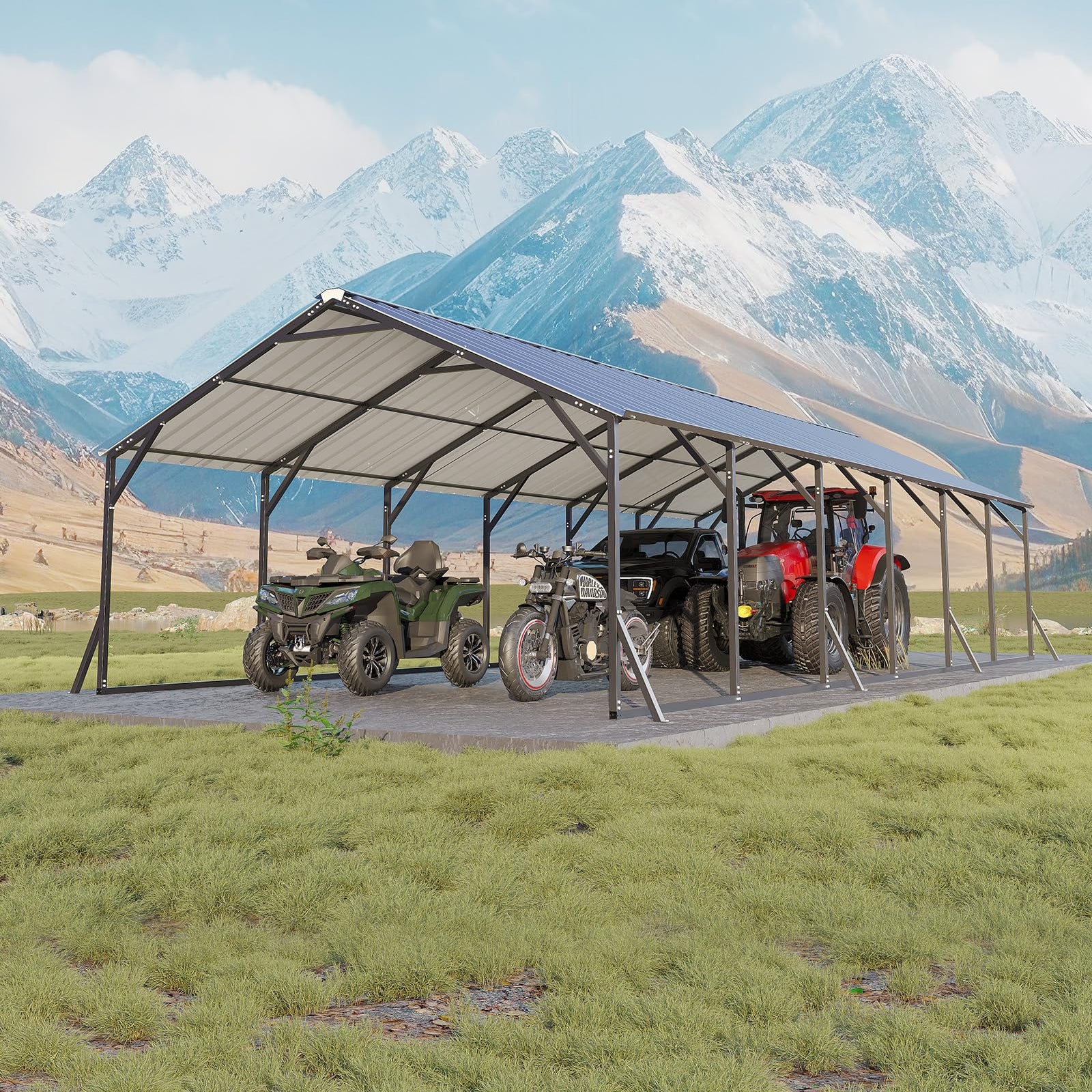 Garvee Heavy Duty Steel Metal Carport 20x30x12 - Outdoor Storage Shelter with Vertical Roof - All-Weather Protection for Multiple Vehicles, Pickup Trucks, Boats, Tractors - Grey