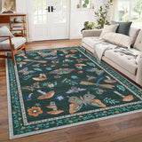 Garvee Black 9x12 Washable Living Room Rug Butterfly Floral Print Soft Pearl Velvet Non-Slip TPR Backing Low Pile Polyester Indoor Carpet for Nursery Office - Black