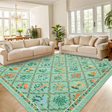Garvee Washable Floral Living Room Rug 8x10 Large Stain-Resistant Soft Polyester Non-Slip Backing Farmhouse Accent for Bedroom Kitchen - Green