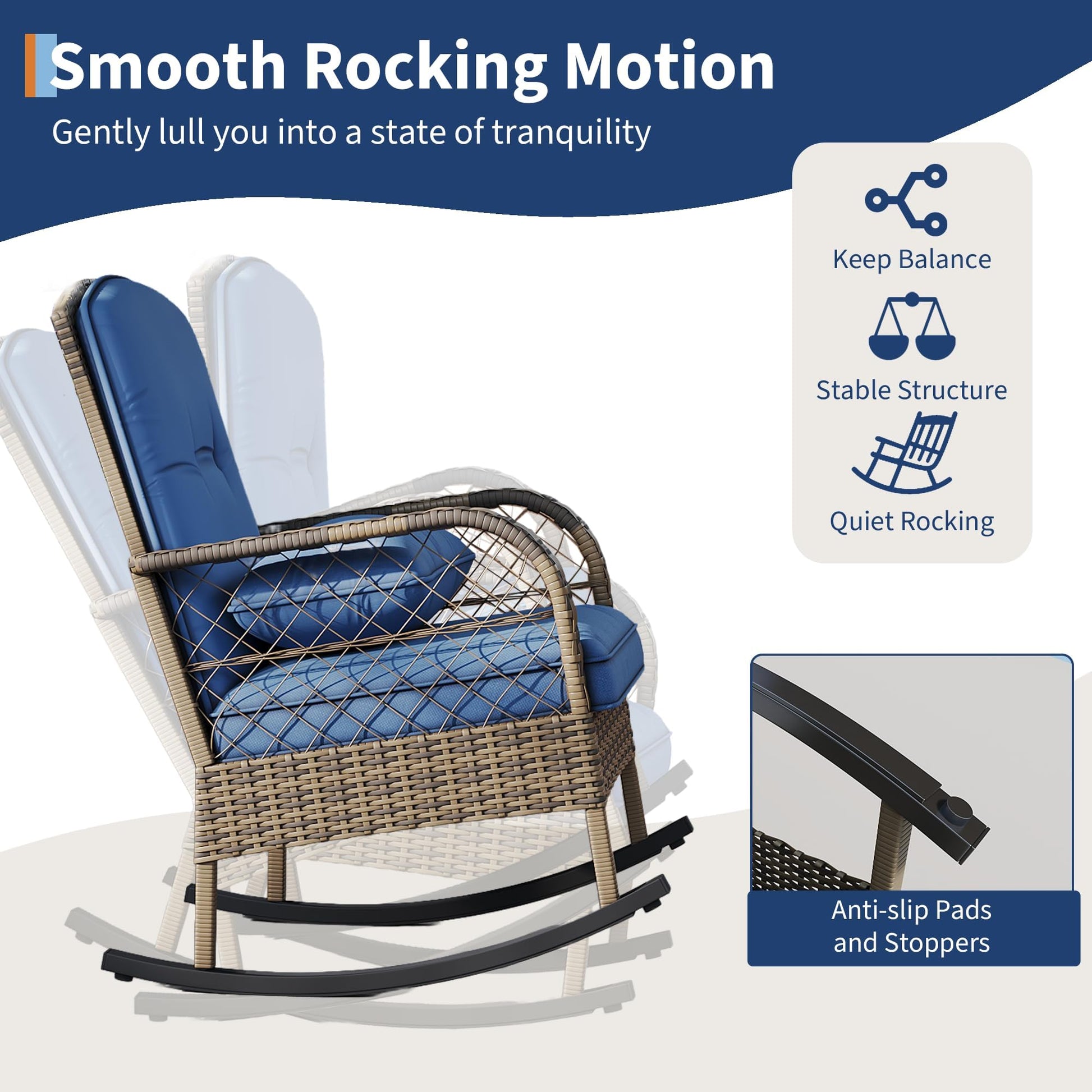 Garvee 2 pieces Outdoor Wicker Rocking Chair, PE Rattan Patio Rocker with Thick Cushions, Steel Frame, All-Weather Rocking Chair for Porch, Garden & Backyard, Blue