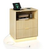 Garvee Fluted bedside table with Charging Station & LED Light - 2 Drawer Wooden Bedside Table - Mid Century Rustic Design - Bedroom or Living Room - Natural Wood Color - US Standard