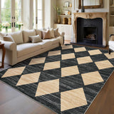 Garvee Plaid Black Beige 8x10 Distressed Trellis Rug Non-Slip Soft Polyester Low Pile Washable Checkered Pattern Living Room Bedroom Nursery - Black Beige