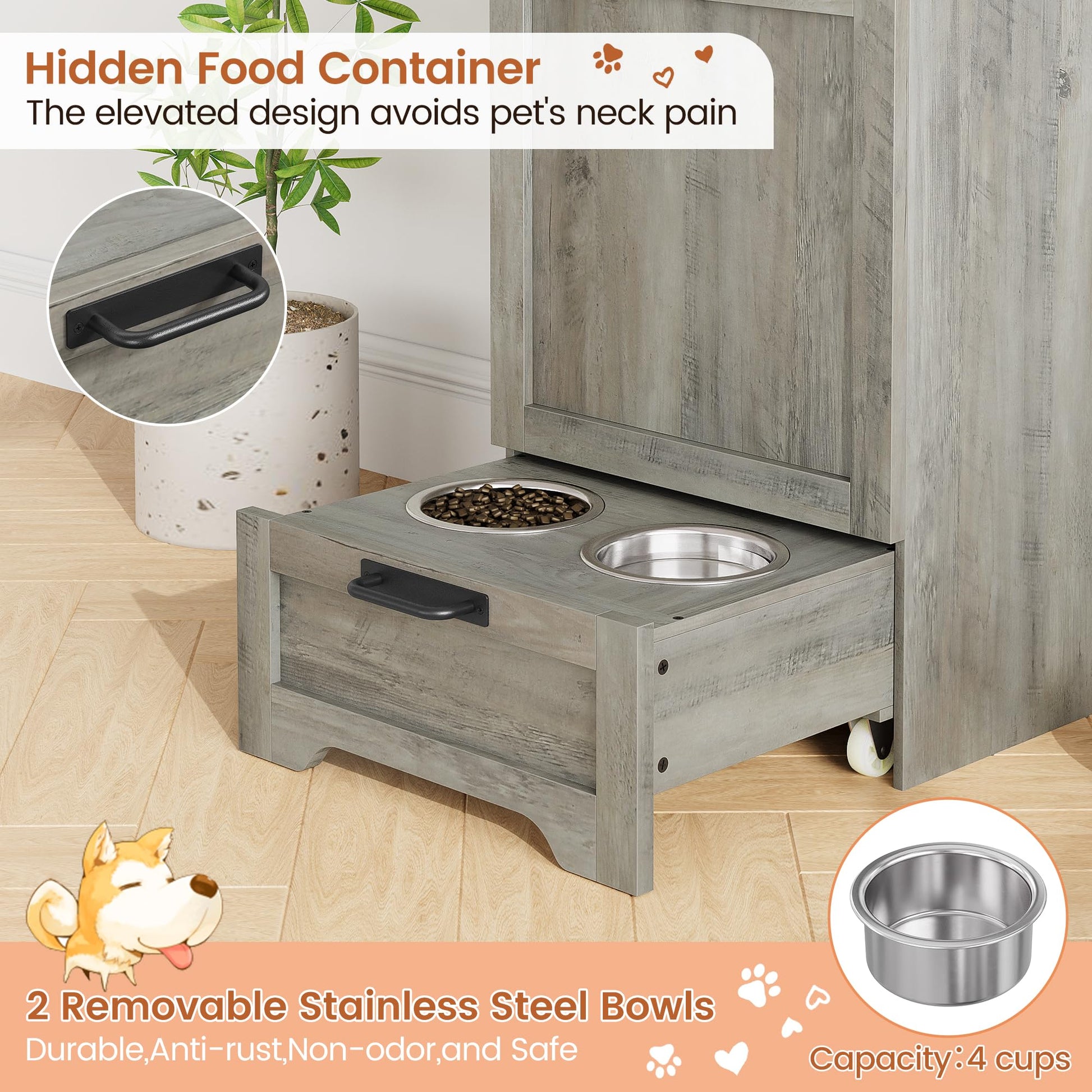 Garvee Pet Food Cabinet,Dog Feeding Station with 2 Elevated Dog Bowls, Dog Food Storage Cabinet,Dog Food Storage Container,Pet Toy Storage Organizer,Modern Dog Storage Cabinet,Grey