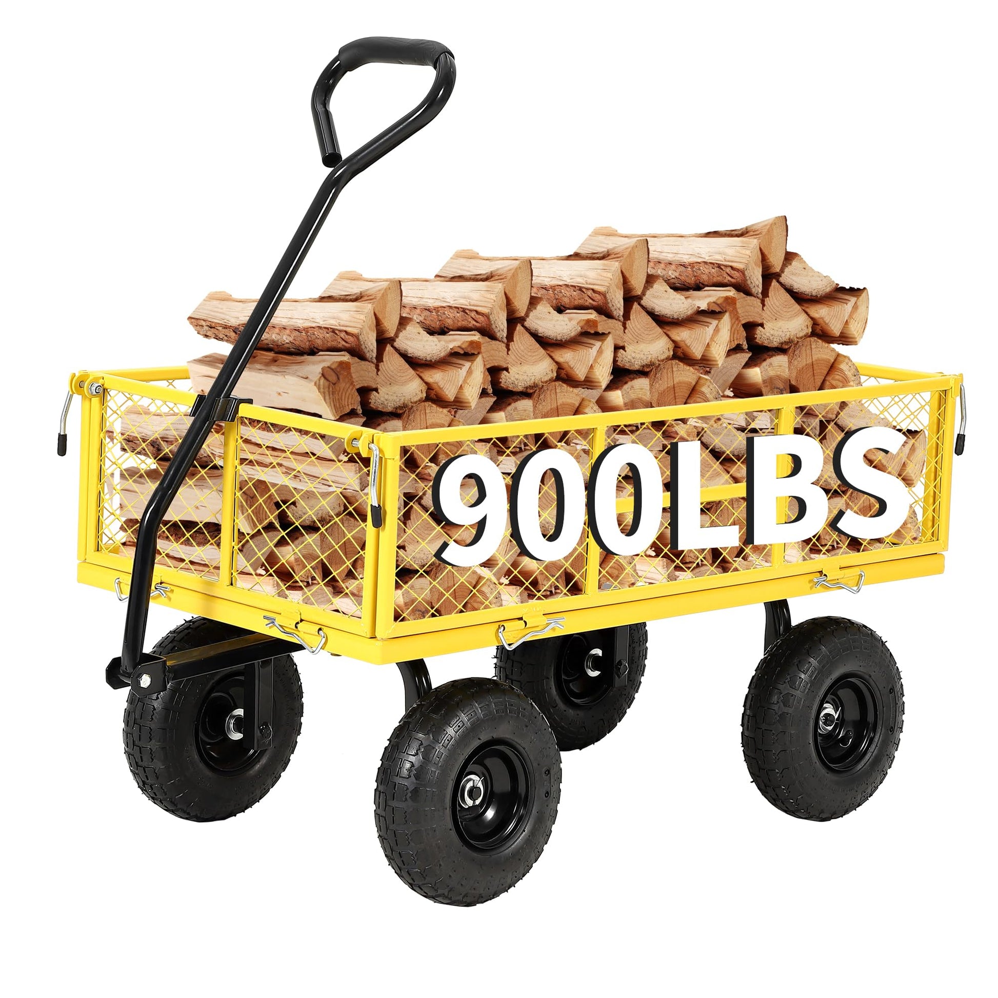 Garvee 900 lbs Heavy Duty Steel Garden Wagon Cart – 2-in-1 Utility Yard Cart, Removable Mesh Sides, 10" All-Terrain Tires, 180° Rotating Handle – Ideal for Lawn and Gardening Tasks – Black Wheels, Yellow Frame, Black Handle