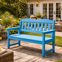 Garvee 2-Person Poly Lumber Outdoor Patio Bench, Weather-Resistant Garden Bench with Curved Backrest, Slatted Seat & Wide Armrests, Blue