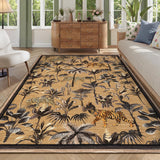 Garvee Brown Tiger 8x10 Living Room Rug Washable Tiger Rug Tropical Jungle Plant Design Non-Slip Low Pile Stain Resistant Non-Shedding Camel Bedroom Living Room - Brown